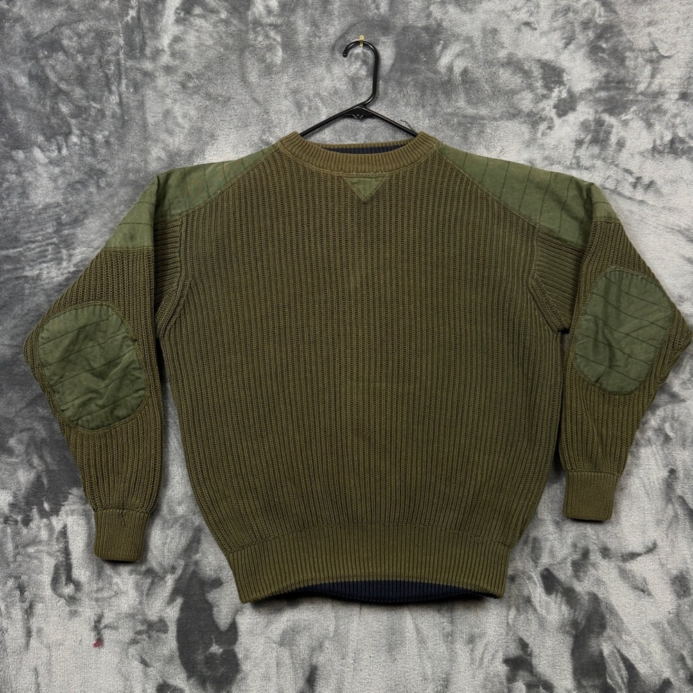 Woods & Gray Sweater Mens M Green Excellent Ribbed Knit Patch Military Style